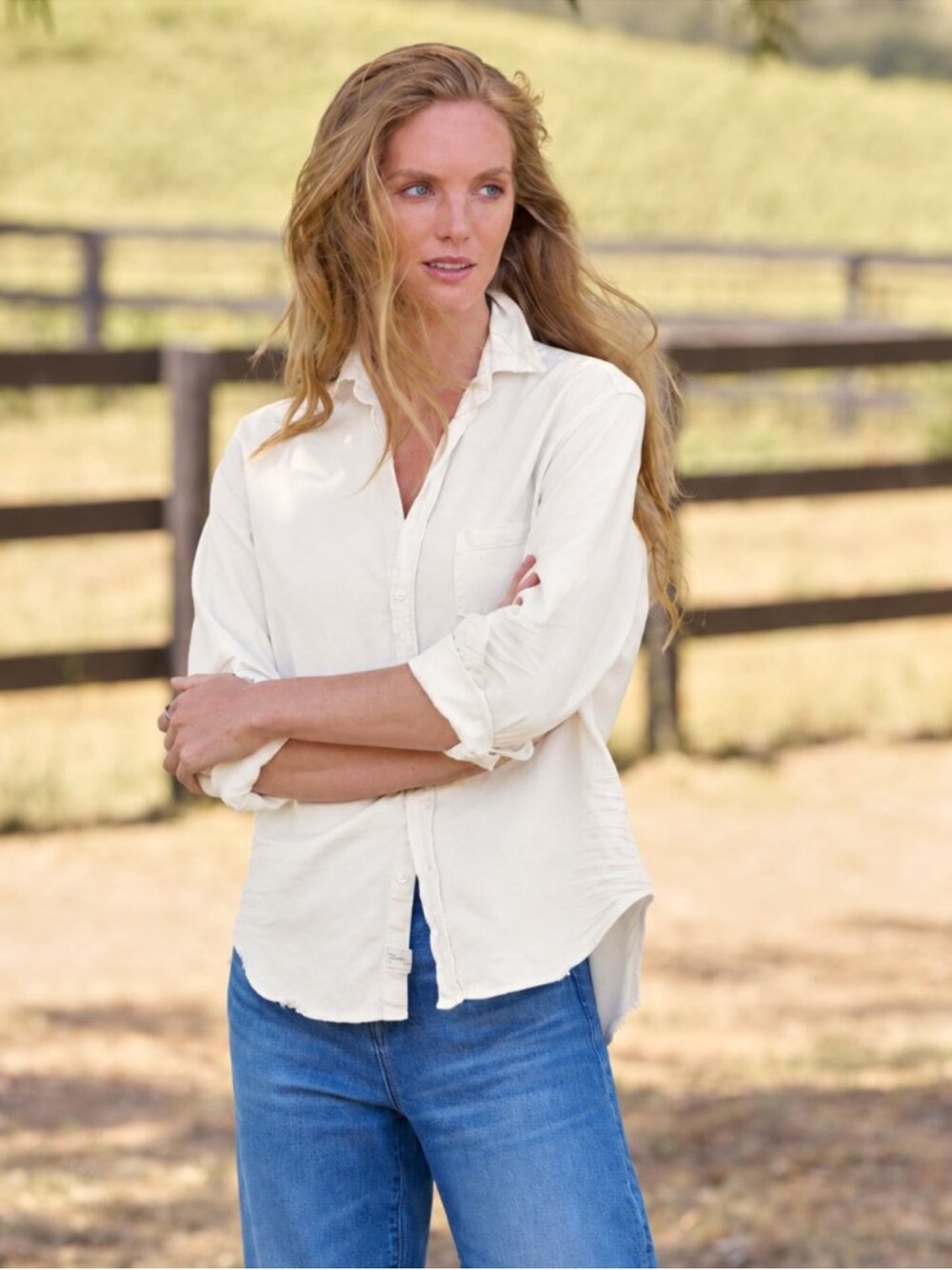 Frank & Eileen Blouse Barry Button Down Long Sleeve Top Famous Denim White